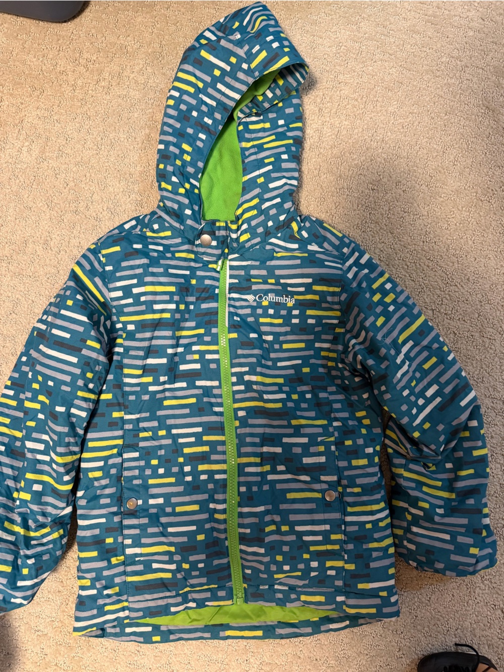 Columbia Teal & Lime Size 7/8 Patterned Hooded One-Piece Jacket